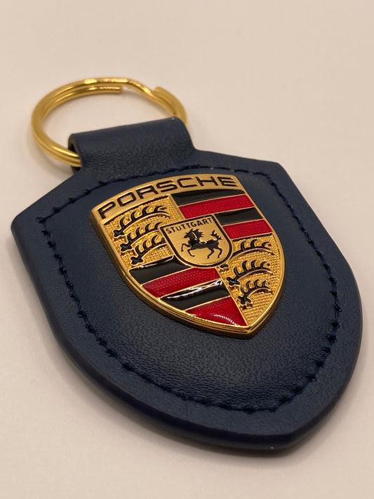 Porsche Crest dark blue leather keychain