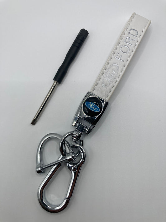 Ford - White leather keychain with chrome hardware