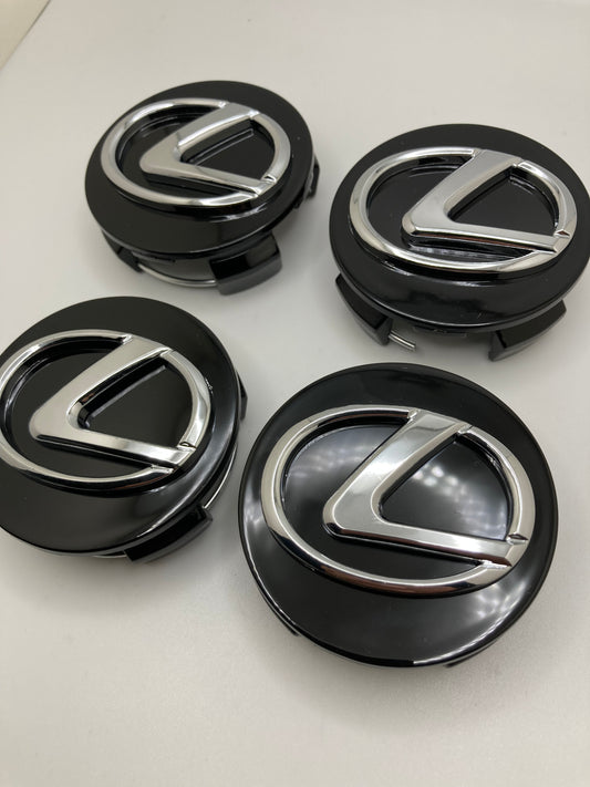 Set of 4 - 62mm black and chrome replacement wheel center caps with 3d chrome Lexus logo