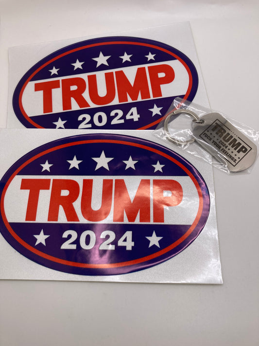 Trump 2024 3pcs set - 2x reflective 4”x6” oval stickers and a dog tag style key ring - F*ck your feelings