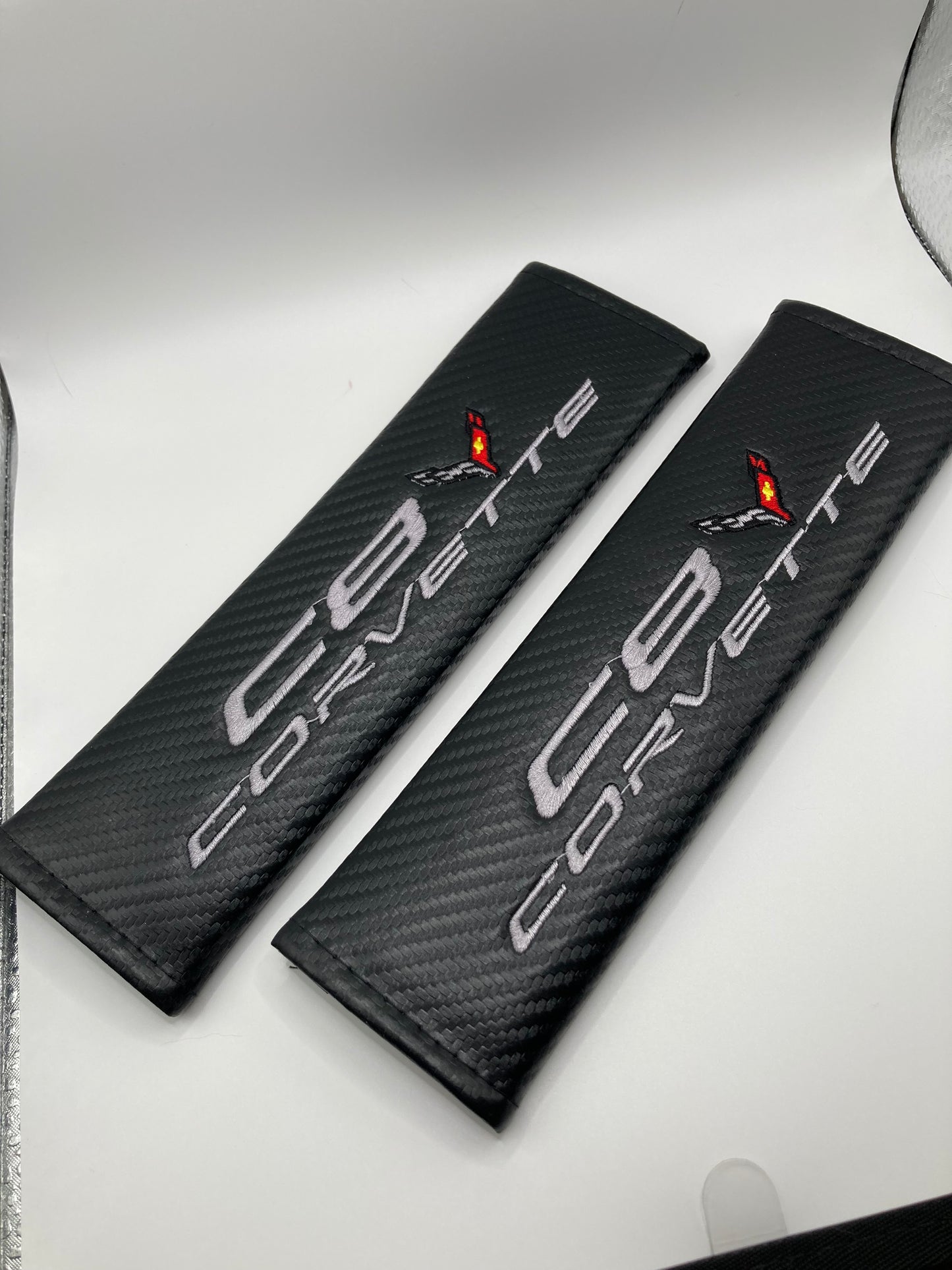 Embroidery C8 Corvette Emblem Seat Belt Covers Shoulder Pad Cushion Compatible with Chevy Corvette C8