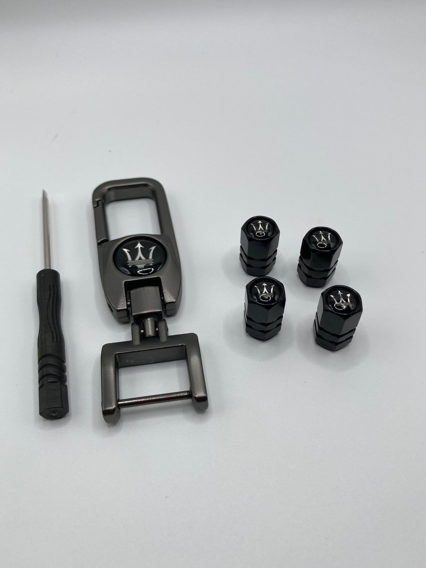 Maserati 5pcs gift set - Clip-style Keychain and 4pcs valve stem caps