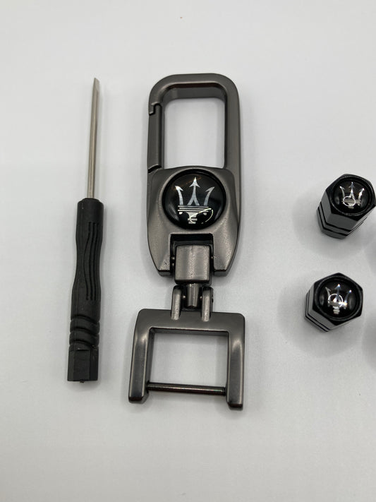 Maserati 5pcs gift set - Clip-style Keychain and 4pcs valve stem caps