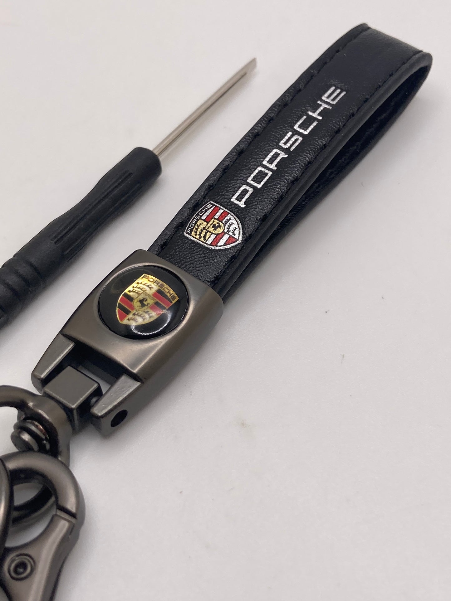 Porsche - black leather Keychain