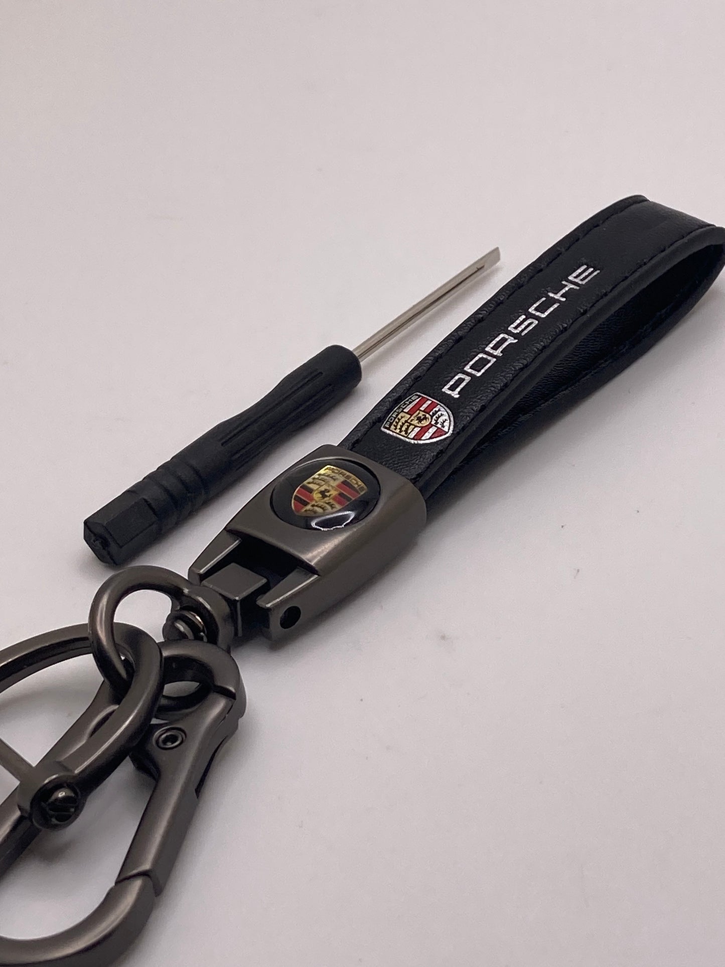 Porsche - black leather Keychain