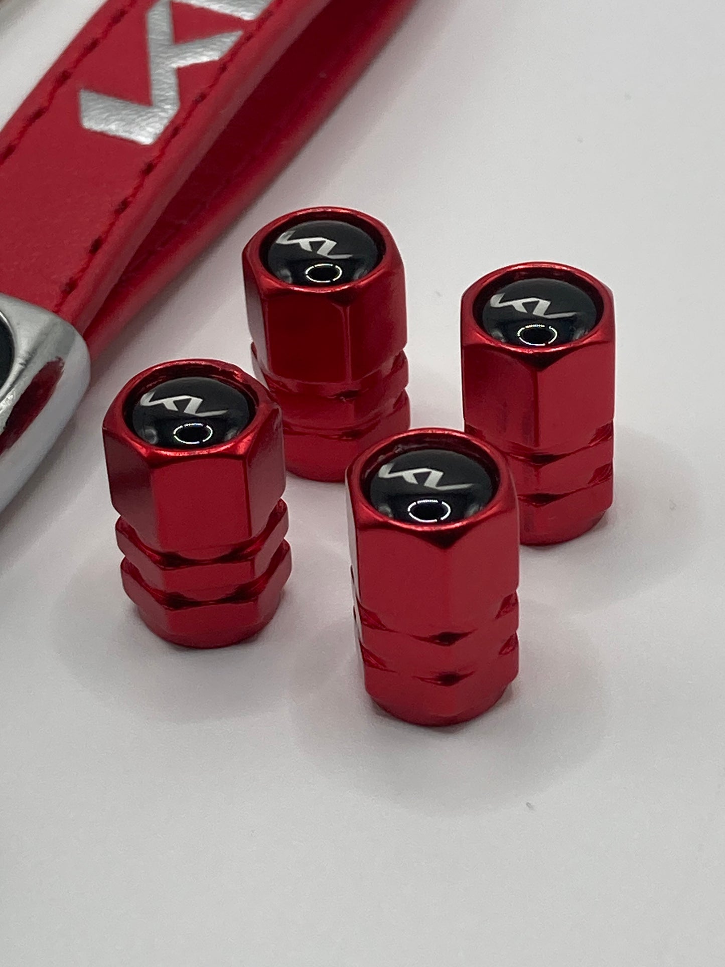 KIA - Red Leather Keychain and Valve Stem Cap Set - 5pcs