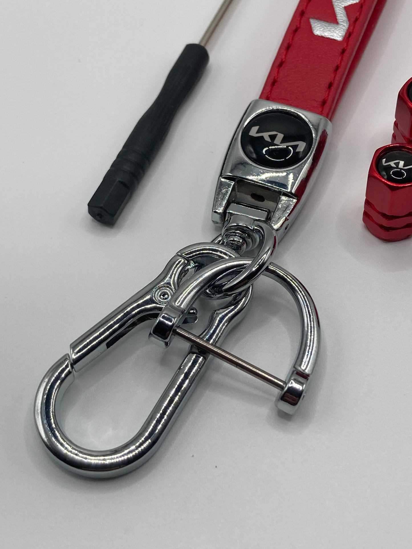 KIA - Red Leather Keychain and Valve Stem Cap Set - 5pcs