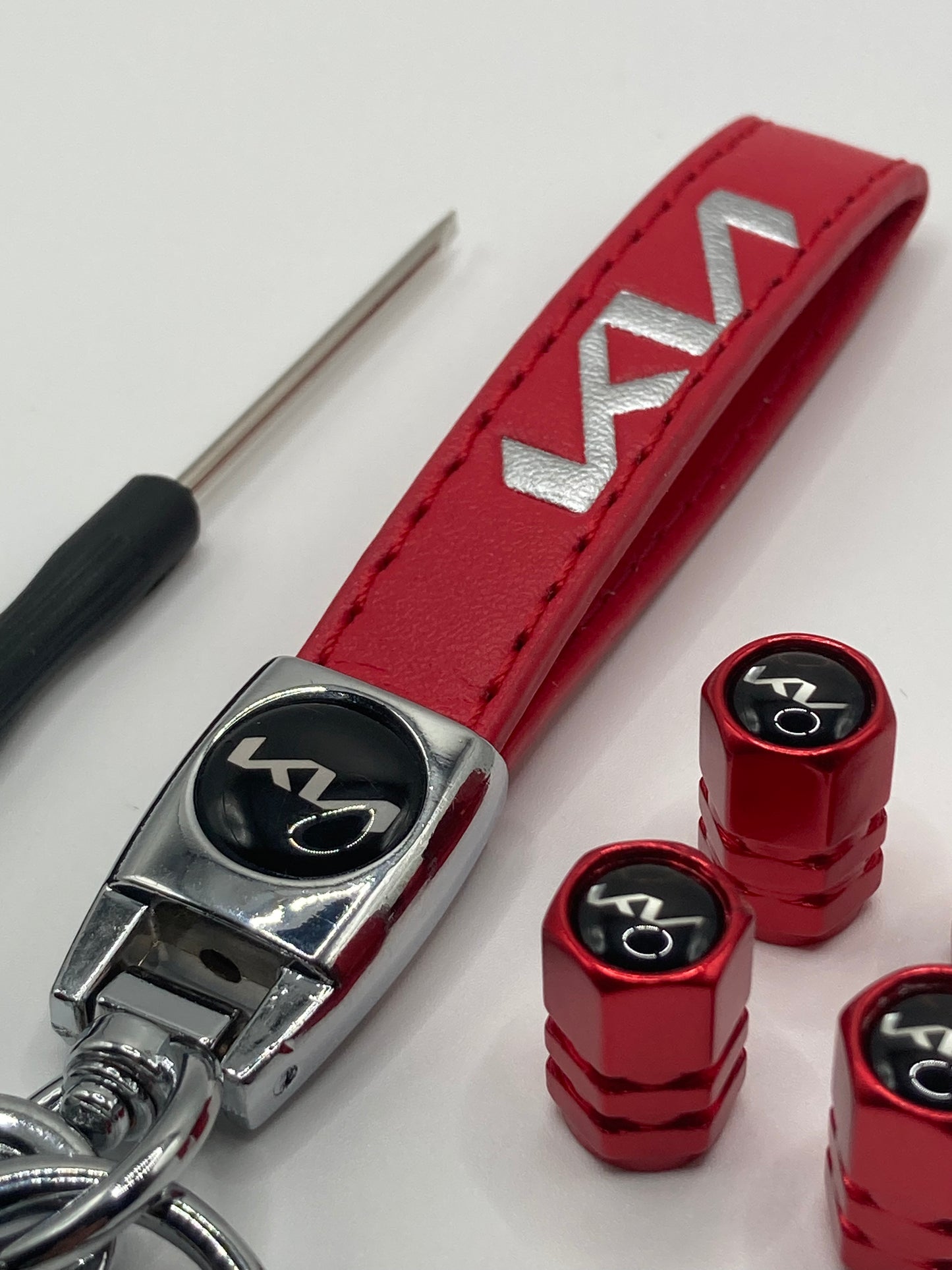 KIA - Red Leather Keychain and Valve Stem Cap Set - 5pcs