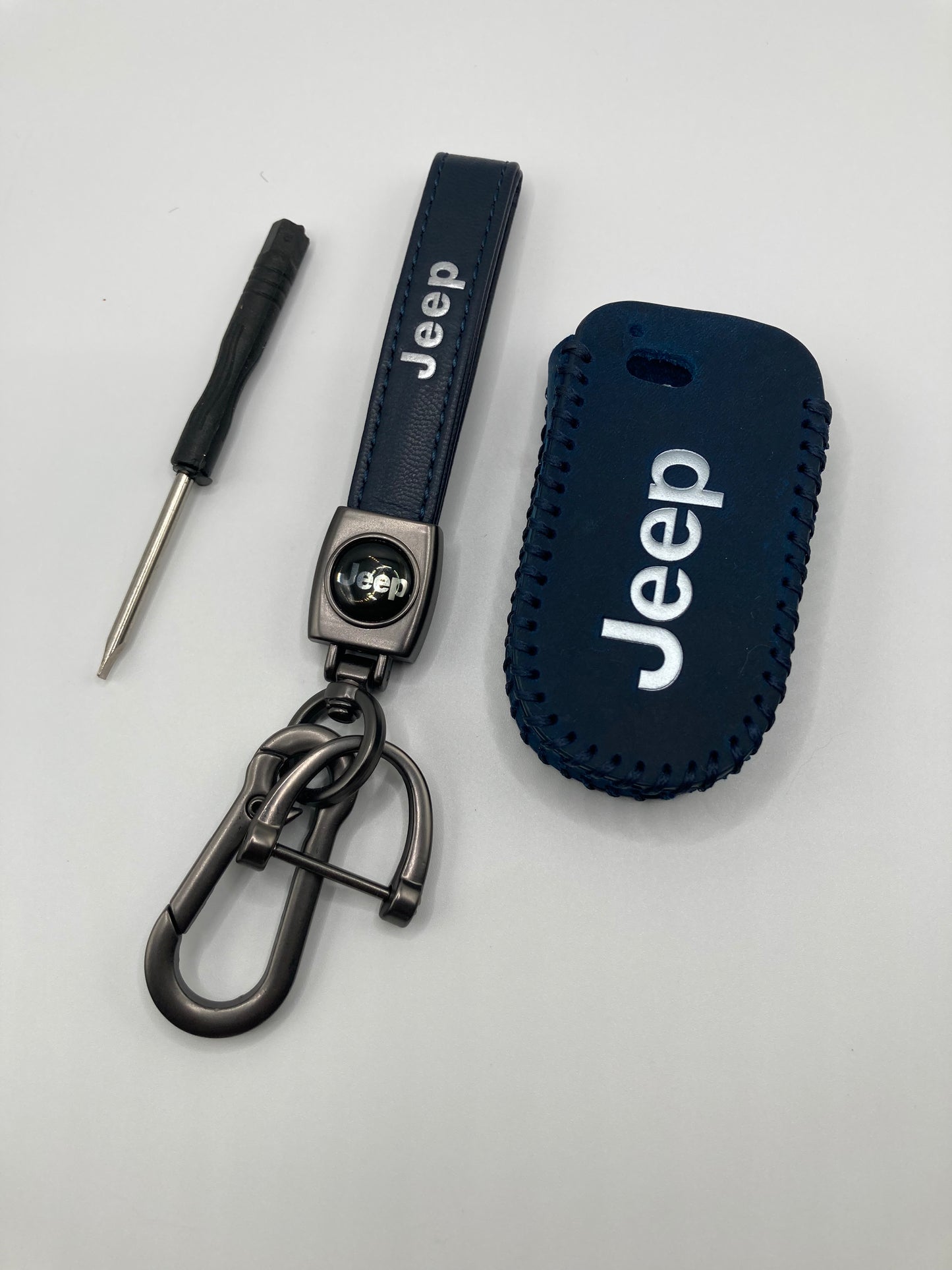 Jeep - Leather Keychain and Matching Key Fob Case - Navy Blue