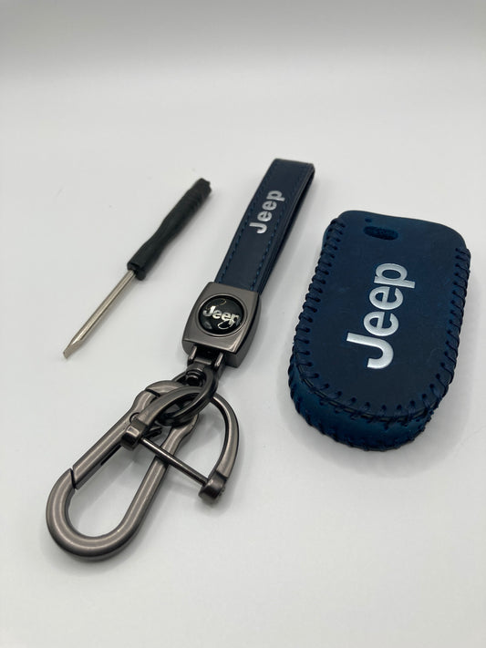 Jeep - Leather Keychain and Matching Key Fob Case - Navy Blue
