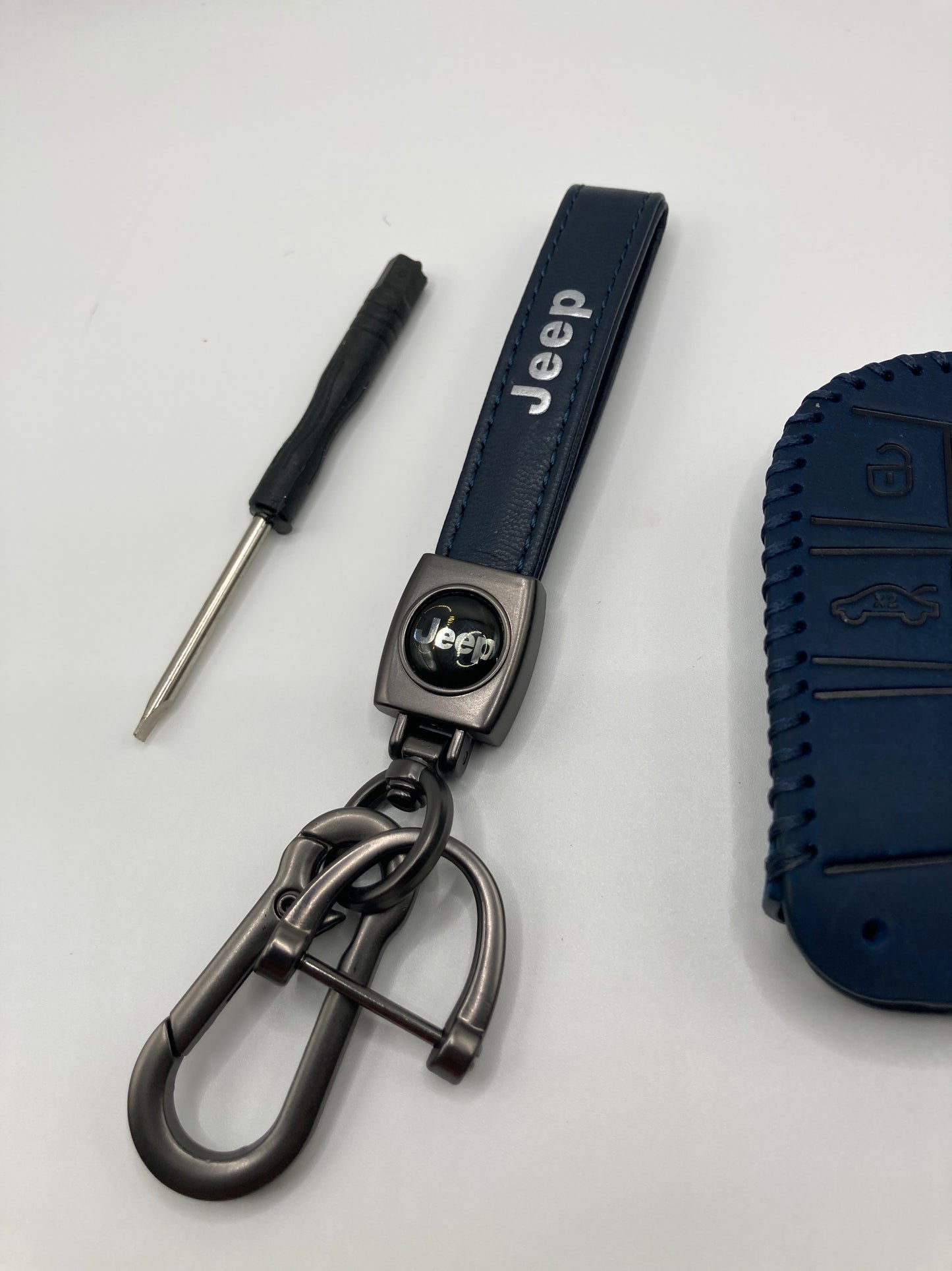 Jeep - Leather Keychain and Matching Key Fob Case - Navy Blue