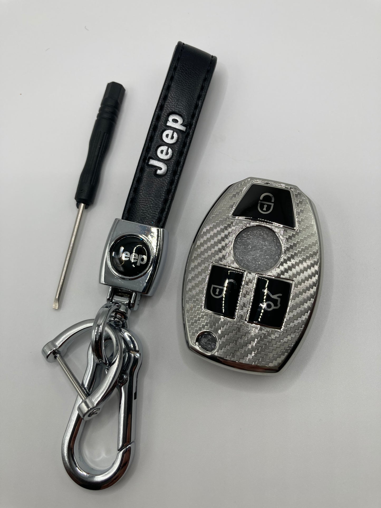 Jeep - Leather Keychain and Key Fob Case - Black and Chrome