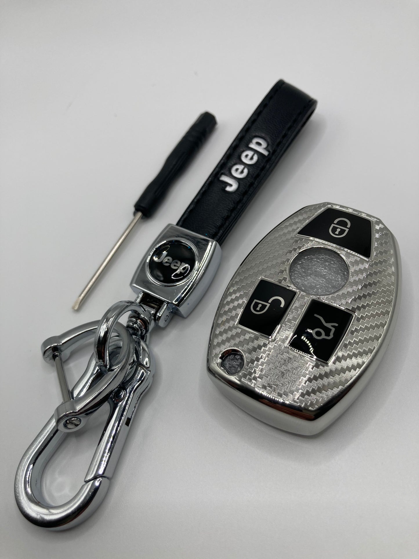Jeep - Leather Keychain and Key Fob Case - Black and Chrome