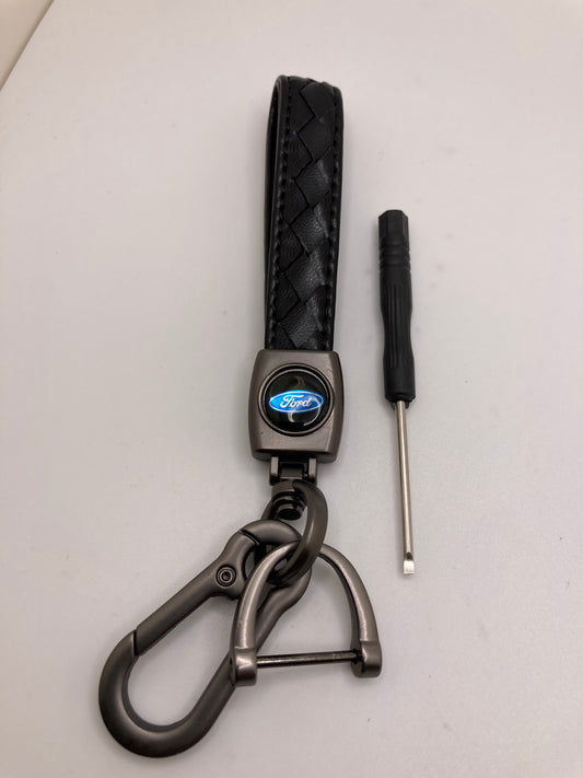 Ford black weaved leather keychain with logo