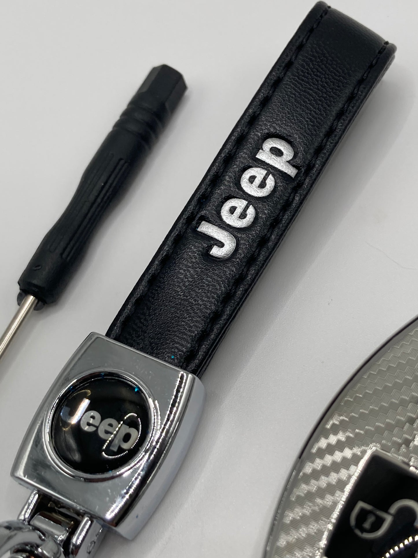 Jeep - Leather Keychain and Key Fob Case - Black and Chrome