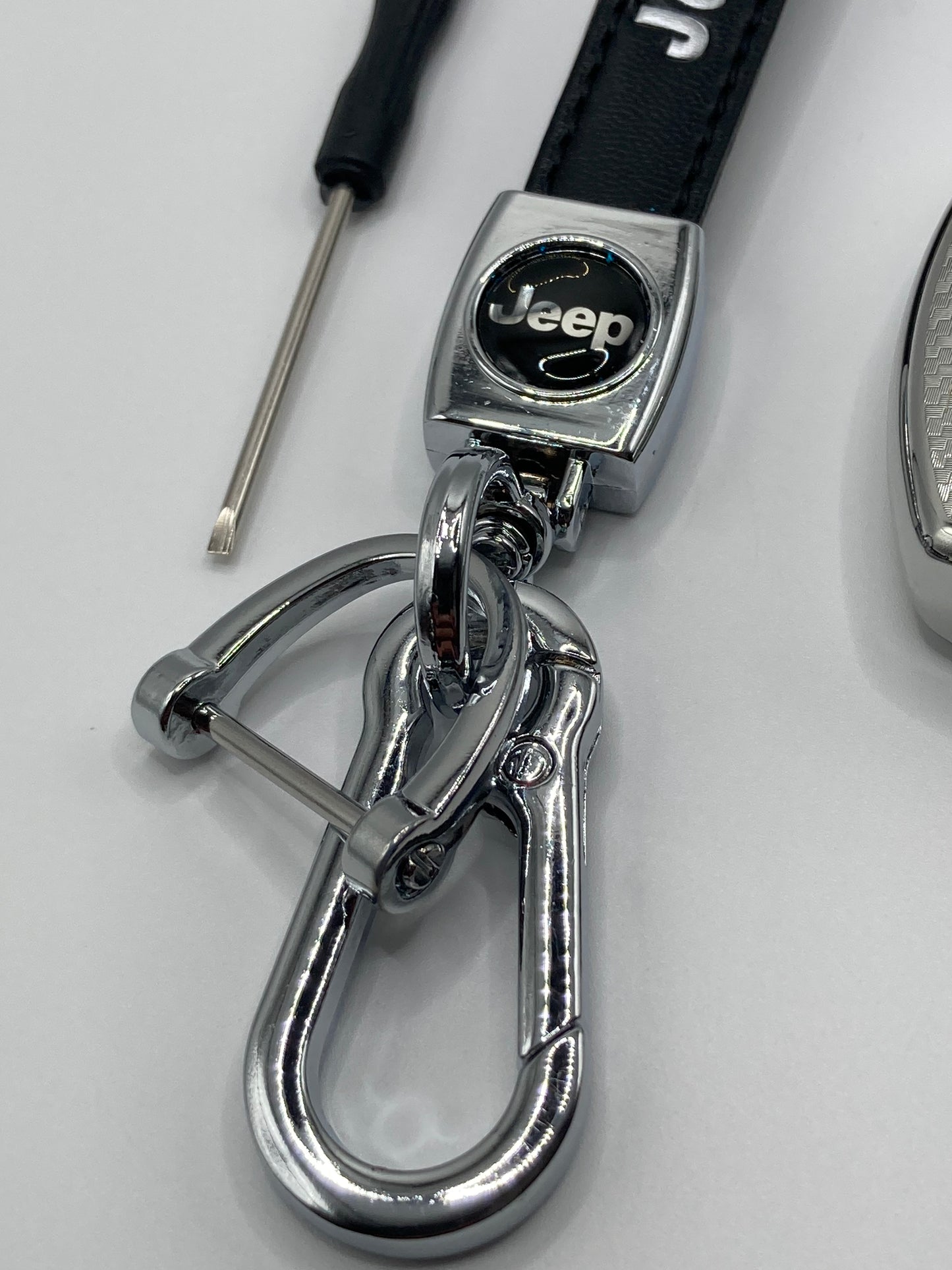 Jeep - Leather Keychain and Key Fob Case - Black and Chrome
