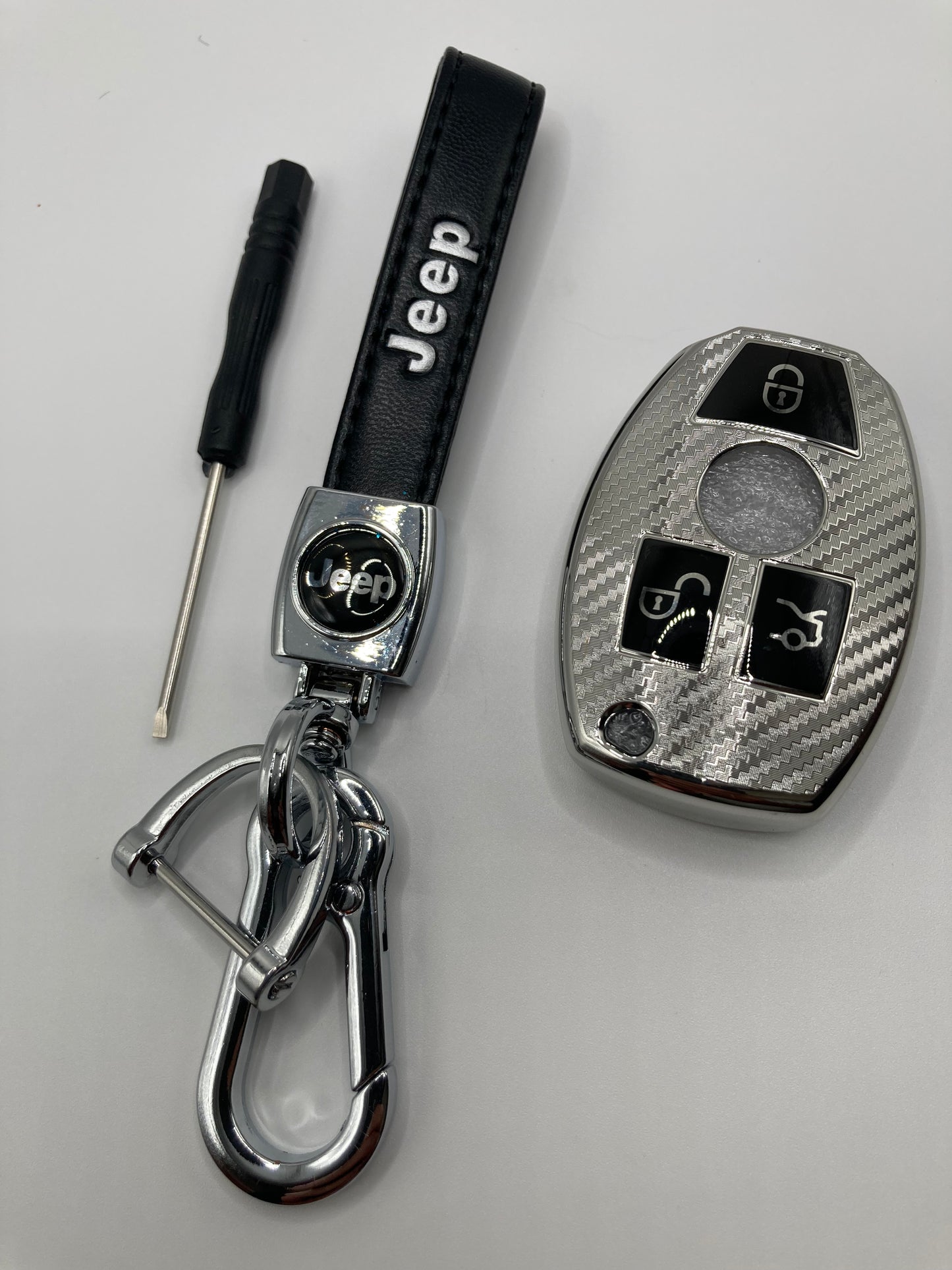 Jeep - Leather Keychain and Key Fob Case - Black and Chrome