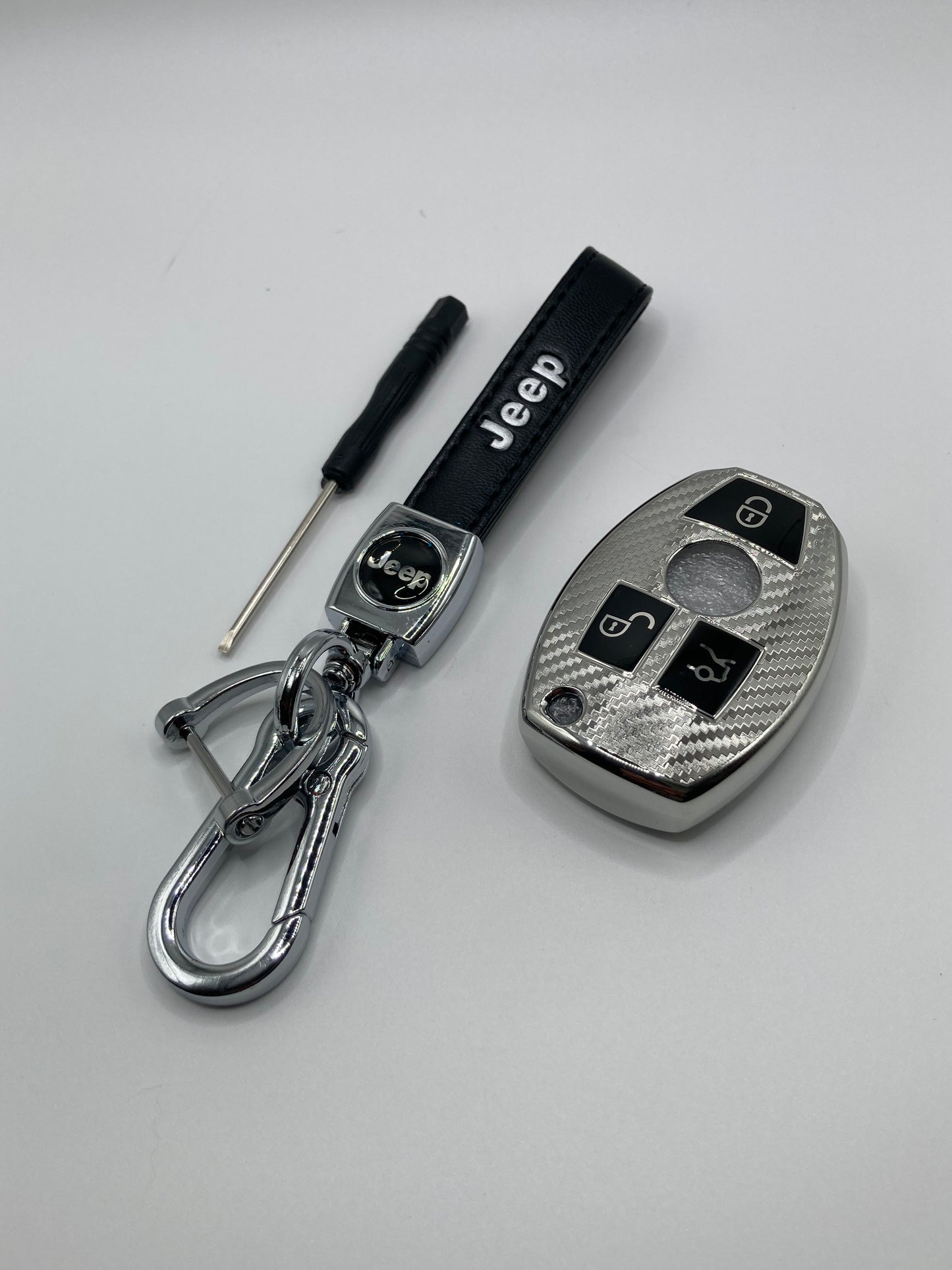 Jeep - Leather Keychain and Key Fob Case - Black and Chrome