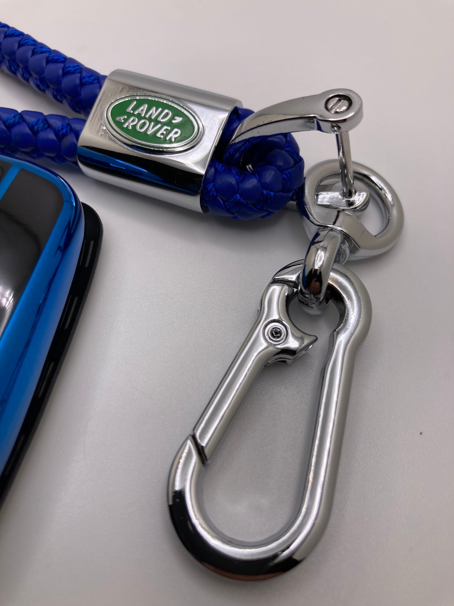 Land Rover blue rope keychain with logo and key fob cover