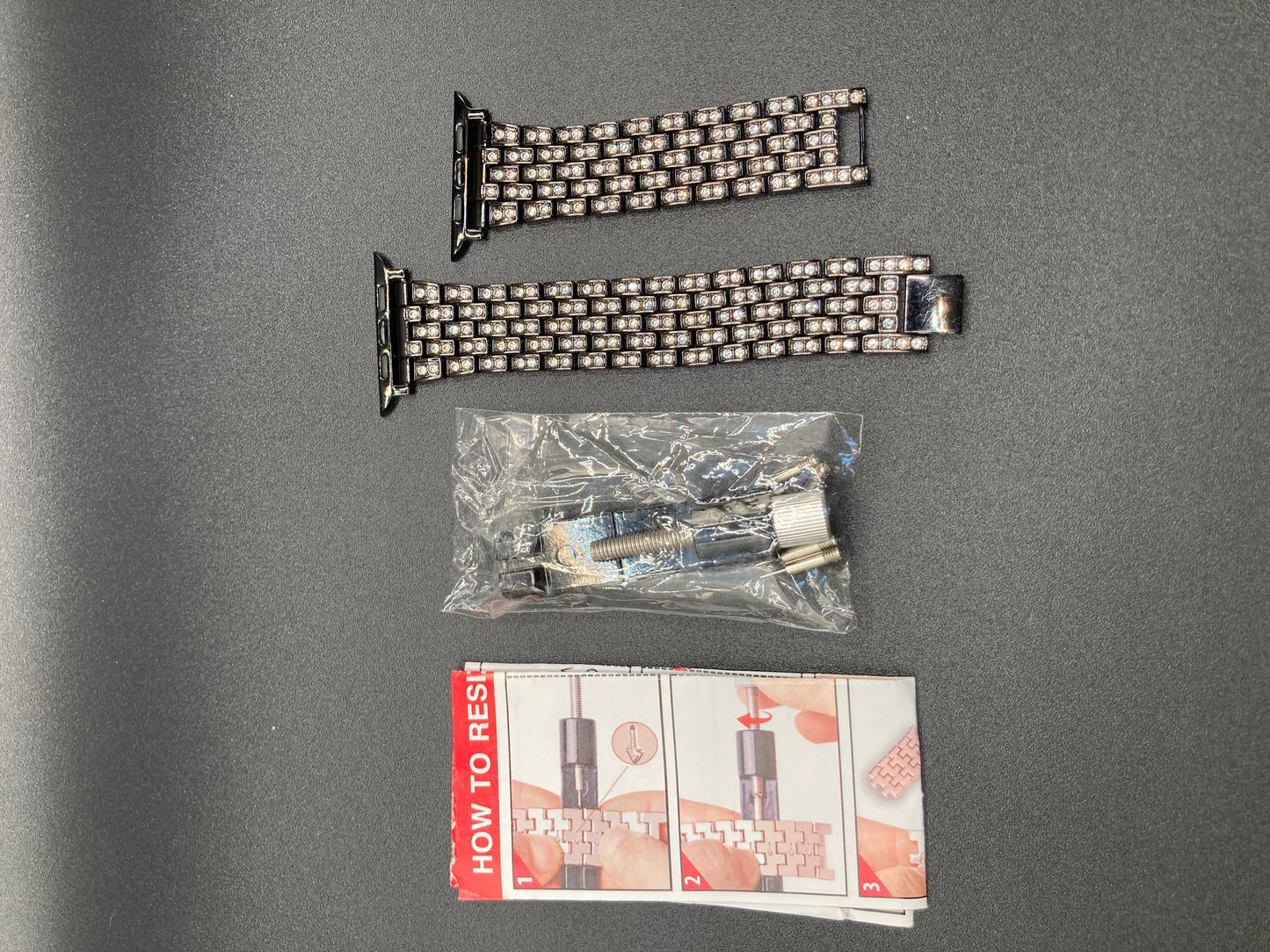 Luxury Black Watchband With Crystals and Size Adjustment Tool - 42/44/45mm