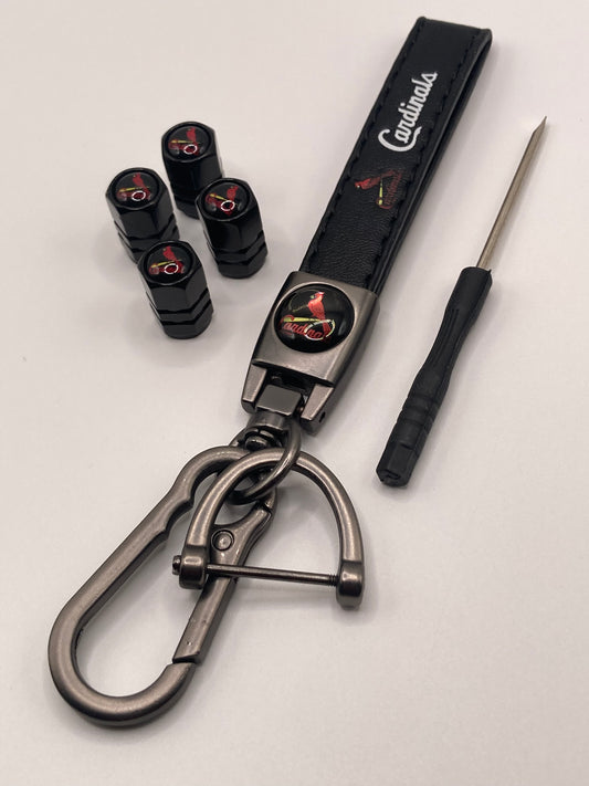 MLB - Cardinals Gift Set - Leather Keychain & Valve Stem Caps - 5pcs set