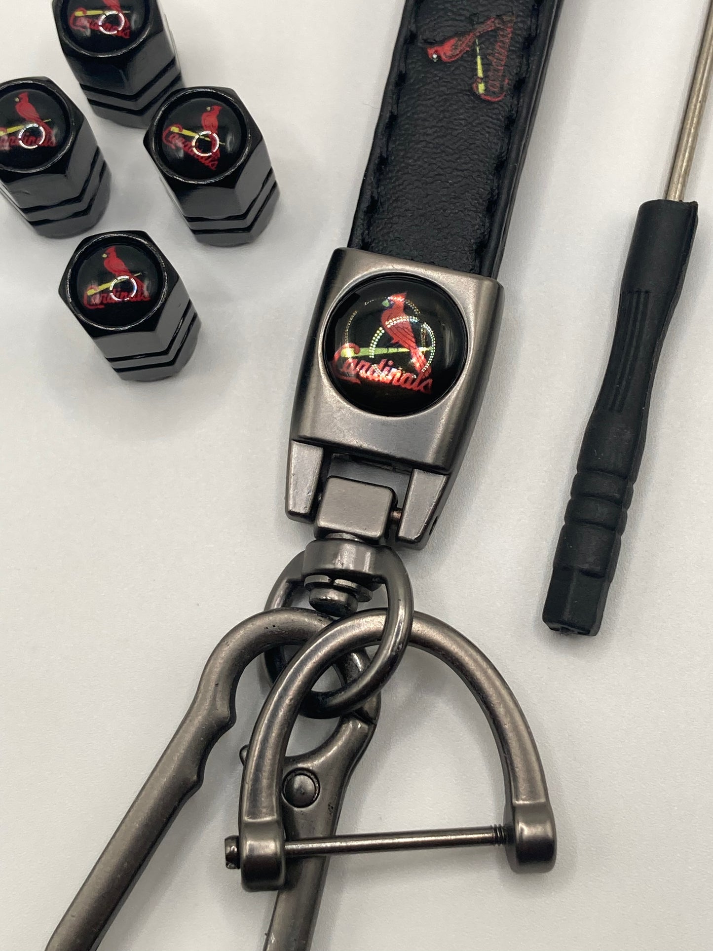MLB - Cardinals Gift Set - Leather Keychain & Valve Stem Caps - 5pcs set