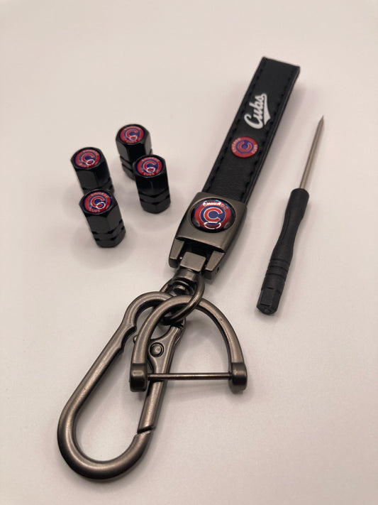 MLB - Chicago Cubs Gift Set - Leather Keychain & Valve Stem Caps - 5pcs set