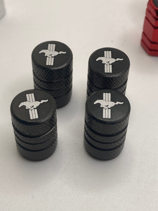 Mustang - Valve Stem Cap Set - Black w/white logo - 4pcs set