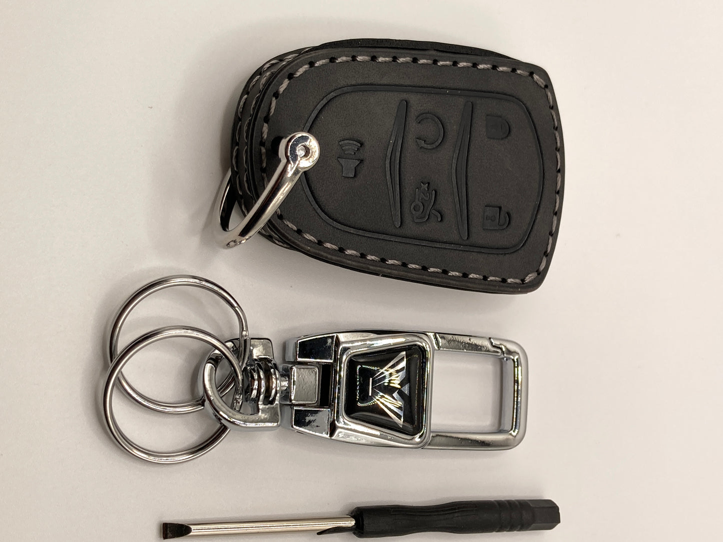 Cadillac - Black Leather Key fob case and Clip-style keychain