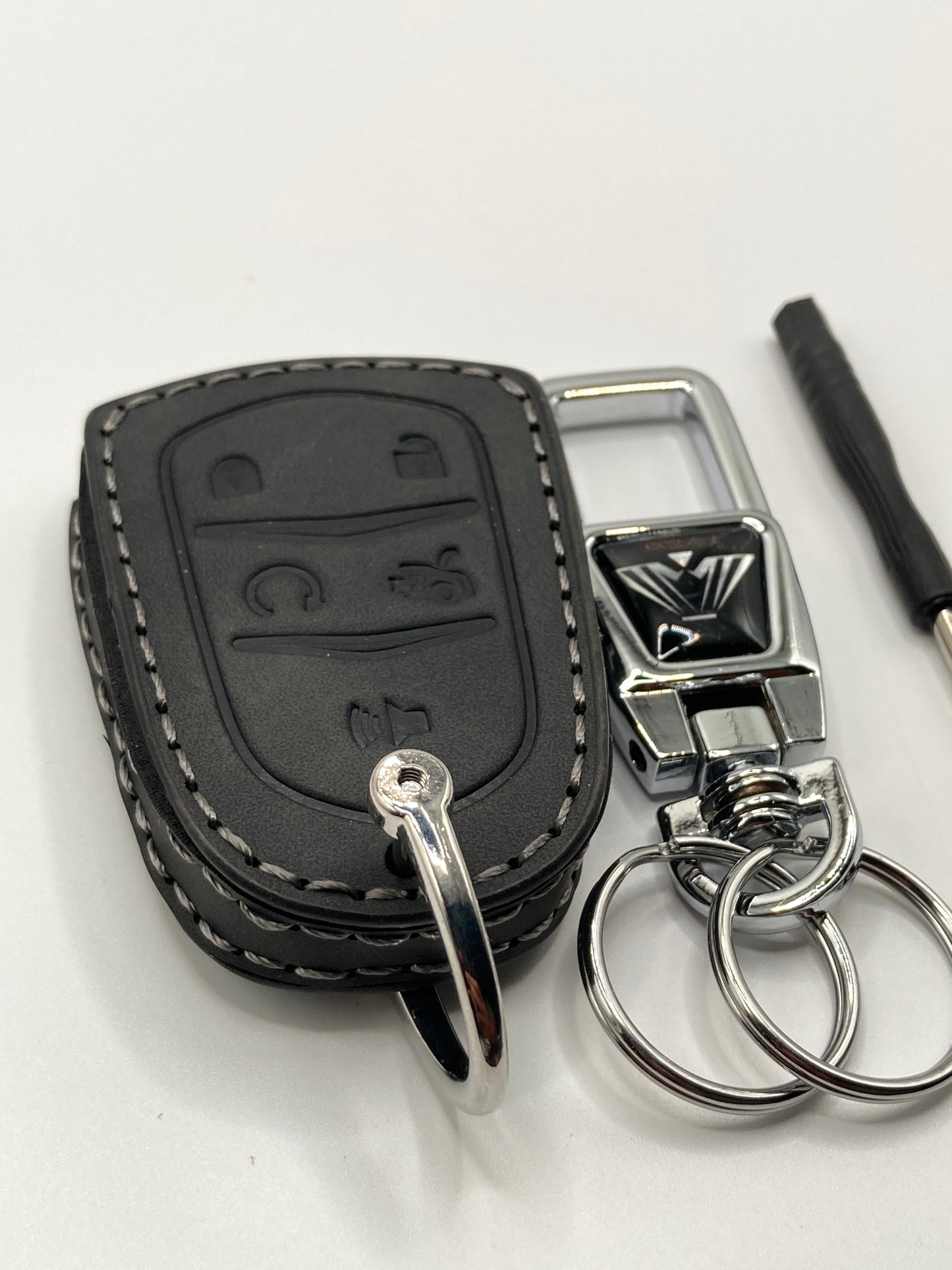 Cadillac - Black Leather Key fob case and Clip-style keychain