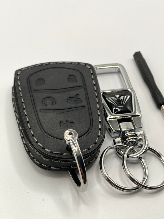 Cadillac - Black Leather Key fob case and Clip-style keychain
